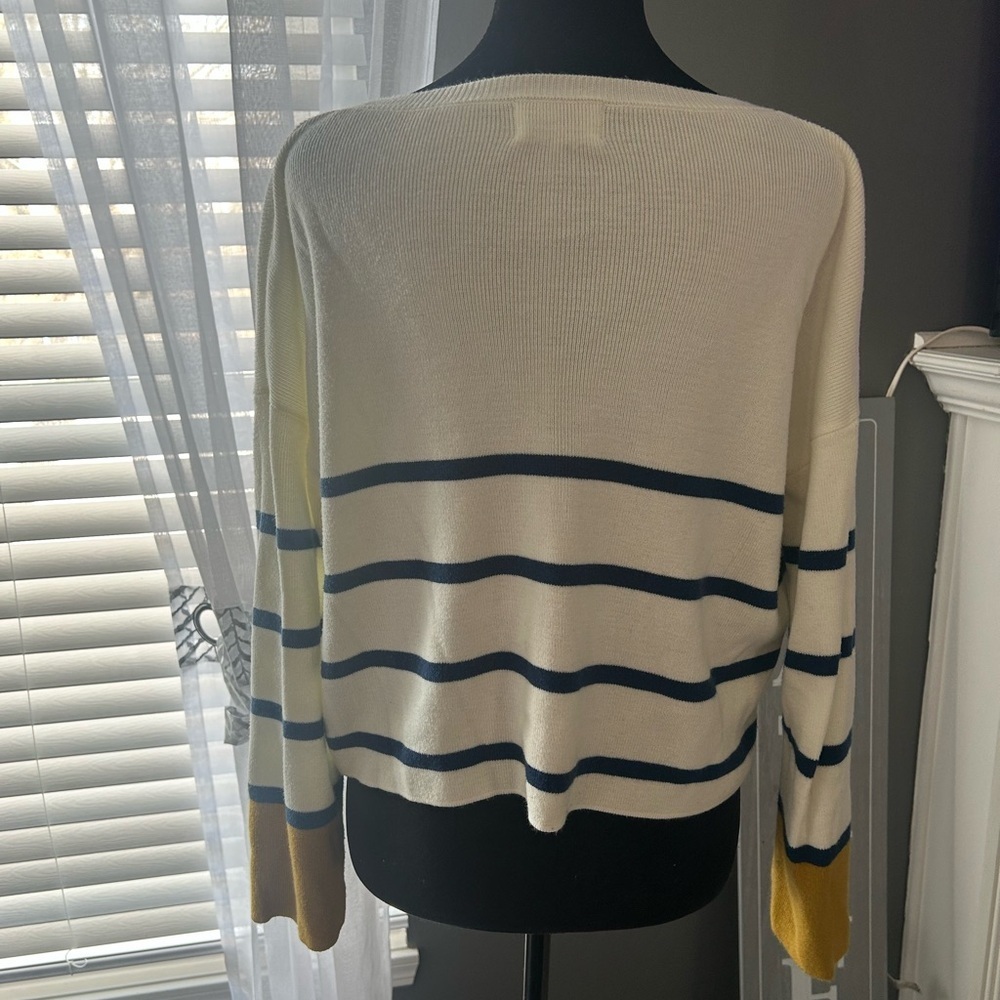 Poof Apparel Striped Sweater Cream Navy Mustard Size S - Picture 4 of 4
